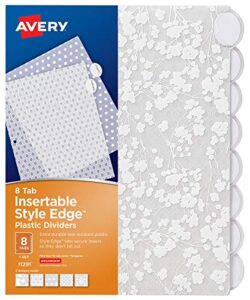 avery insertable style edge plastic dividers for 3 ring binders, 8-tab set, assorted white frosted designs, 1 set (11291)