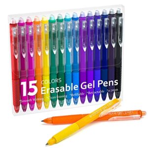 erasable gel pens, 15 colors lineon retractable erasable pens clicker, fine point, make mistakes disappear, assorted color inks for drawing writing planner and crossword puzzles