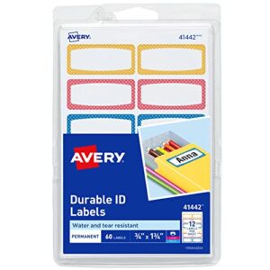 avery(r) durable labels for kids’ gear, 3/4″ x 1-3/4″, assorted border colors, water-resistant labels, 60 rectangle labels total (41442)