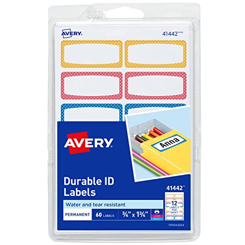 Avery(R) Durable Labels for Kids' Gear, 3/4" x 1-3/4", Assorted Border Colors, Water-Resistant Labels, 60 Rectangle Labels Total (41442)