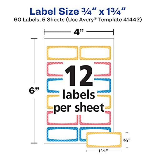 Avery(R) Durable Labels for Kids' Gear, 3/4" x 1-3/4", Assorted Border Colors, Water-Resistant Labels, 60 Rectangle Labels Total (41442)