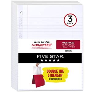 five star loose leaf paper, 3 pack, 3 hole punched, reinforced filler paper, wide ruled paper, 10-1/2″ x 8″, 100 sheets/pack (38033)