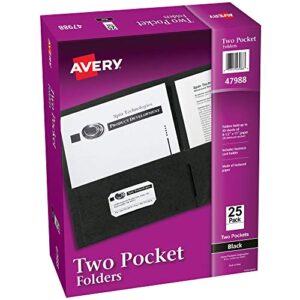 avery two pocket folders, holds up to 40 sheets, business card slot, 25 black folders (47988)