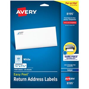 avery return address labels with sure feed for inkjet printers, 2/3″ x 1-3/4″, 1,500 labels, permanent adhesive (8195), white