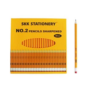 skkstationery 50 pcs pre-sharpened pencils, pencils sharpened with eraser top, 2 hb pencil, 50/box