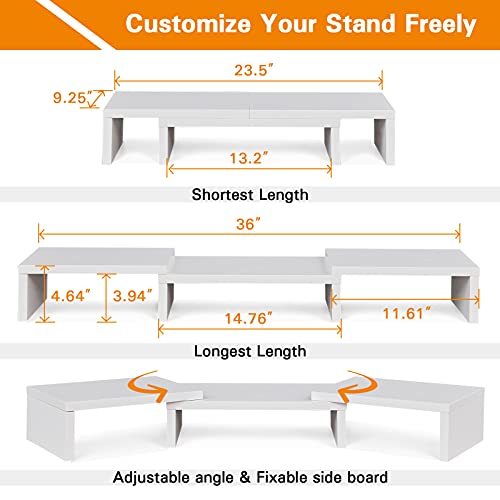 SUPERJARE Dual Monitor Stand Riser, Adjustable Length and Angle Multi Screen Stand, Desktop Stand Storage Organizer for Laptop Computer/TV/PC/Printer- White