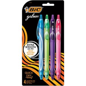 bic gel-ocity quick dry fashion retractable gel pens, medium point (0.7mm), 4-count gel pen set, colored gel pens with full-length grip