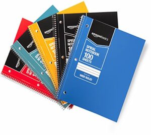 amazon basics wide ruled wirebound spiral notebook, 100 sheet – 5-pack, assorted solid colors