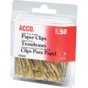 acco paper clips, jumbo, smooth, gold, 50 clips/box (72532)