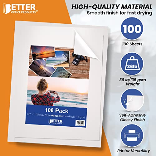 Self-Adhesive Photo Paper, Sticky Photo Paper, Glossy, 8.5 x 11 Inch, 100 Sheets, by Better Office Products, 135 gsm, Letter Size, 100 Count Pack