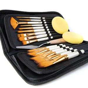 artify 15 pieces paint brush set, intermediate series, includes pop-up carrying case with palette knife and 2 sponges, for acrylic, oil, watercolor and gouache painting – pearl white