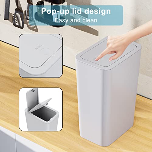 ePiiChua 3 Pack 10 Liter / 2.6 Gallon Small Trash Can with Lid, Bathroom Garbage Can with Pop-up Lid, Waste Basket for Bathroom, Kitchen, Bedroom, Powder Room, Craft Room, Office, College (Gray)