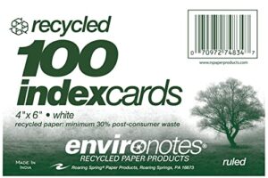 roaring spring recycled index cards 4″x6″, 100 count, smooth 100# white recycled index paper, ruled on front, blank on back