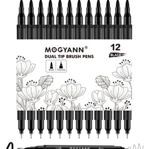 Mogyann Drawing Pens, 12 Pack Dual Brush Pens Black Markers for Art Drawing Sketching