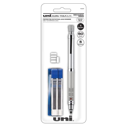 uni-ball Kuru Toga Elite Mechanical Pencil Starter Kit with Silver Barrel and 0.5mm Tip, 60 Lead Refills, and 5 Pencil Eraser Refills, HB #2