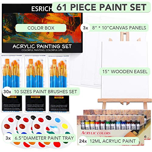 Acrylic Painting Set with 1 Wooden Easel 3 Canvas Panels30 pcs Nylon Hair Brushes 3 PCS Paint Plates and 2 PCS of 12ml Acrylic Paint in 12 Colors for Acrylic Painting Artist Professional Kit