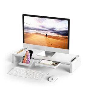 monitor stand riser, oimaster foldable computer monitor riser, adjustable height computer stand and storage drawer & pen slot, phone stand compatible computer, desktop, laptop, save space (white)