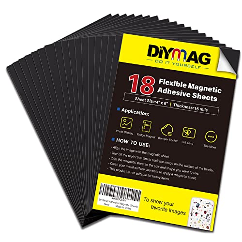 DIYMAG Magnetic Adhesive Sheets, |4" x 6"|, 18 Pack，Cuttable Magnetic Sheets，Flexible Magnet Sheets with Adhesive for Crafts, Photos and Die Storage, Easy Peel and Stick