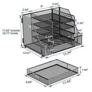 SUPEASY Mesh Desk Organizer with File Holder 5-Tier Paper Letter Tray Organizer with Magazine Holder Desktop Organizer and Storage with Upright Sections for Office Supplies Home or School (Black)