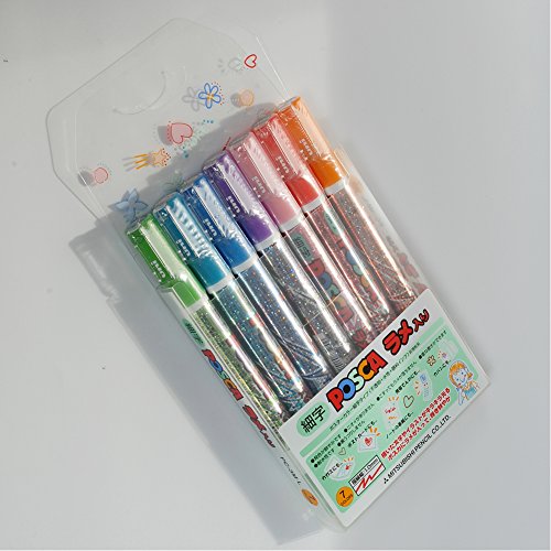 uni Posca Glitter Marker Pc-3ml 7C, Fine Point, 7 Colors Set