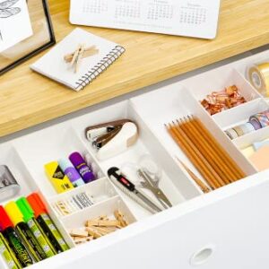 CAXXA 3 Slot Drawer Organizer with Two Adjustable Dividers - Drawer Storage 5 Compartments Junk Drawer Organizer for Office Desk Supplies and Accessories, White