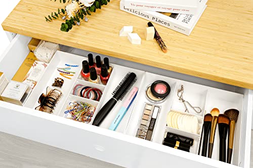 CAXXA 3 Slot Drawer Organizer with Two Adjustable Dividers - Drawer Storage 5 Compartments Junk Drawer Organizer for Office Desk Supplies and Accessories, White