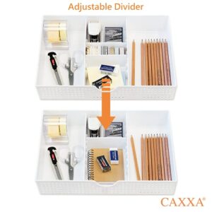 CAXXA 3 Slot Drawer Organizer with Two Adjustable Dividers - Drawer Storage 5 Compartments Junk Drawer Organizer for Office Desk Supplies and Accessories, White