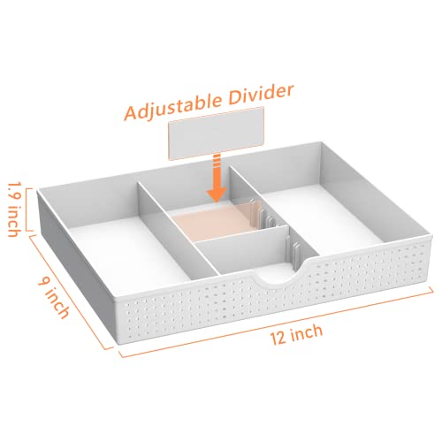 CAXXA 3 Slot Drawer Organizer with Two Adjustable Dividers - Drawer Storage 5 Compartments Junk Drawer Organizer for Office Desk Supplies and Accessories, White