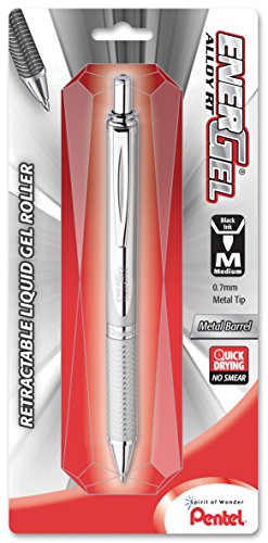 Pentel EnerGel Alloy RT Gel Pen, Medium Metal Tip, Silver Barrel, Black Ink, 1 Each (BL407BP)