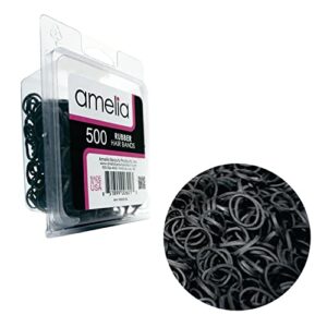 500 count small black rubber bands in re-closable clamshell container for ponytails and braids. 1/2in diameter. premium quality, made in usa! extra strong hold for women, men, boys and girls. ideal for beards.