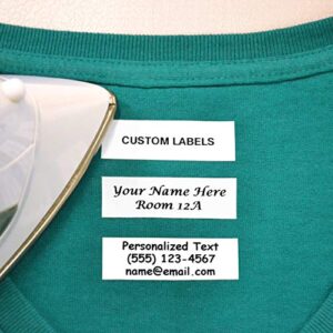 100 pre-cut iron on personalized clothing name labels / tags for nursing homes, camp, college, day care and uniforms w/ font choice