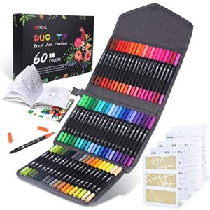 zscm duo tip brush coloring pens,60 colors art markers,fine & brush tip pen for kids adults coloring book bullet journals planner writing drawing note taking, include brush lettering calligraphy