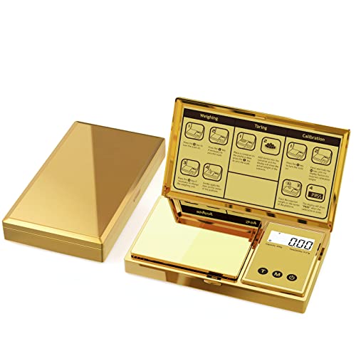 Digital Gram Scale with 200g x 0.01g Capacity, Stylish Gold Plated Cover and Platform for Accurate and Precise Weighing of Jewelry, Grains, and Food in Grams and Ounces