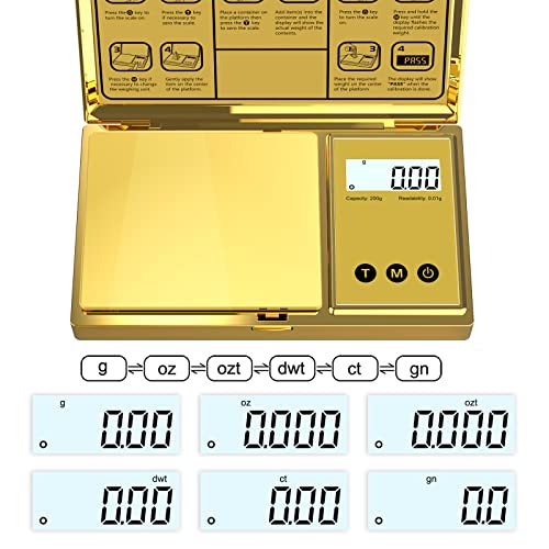 Digital Gram Scale with 200g x 0.01g Capacity, Stylish Gold Plated Cover and Platform for Accurate and Precise Weighing of Jewelry, Grains, and Food in Grams and Ounces