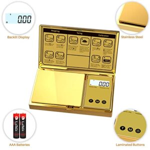 Digital Gram Scale with 200g x 0.01g Capacity, Stylish Gold Plated Cover and Platform for Accurate and Precise Weighing of Jewelry, Grains, and Food in Grams and Ounces