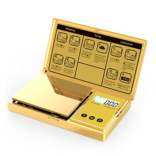 Digital Gram Scale with 200g x 0.01g Capacity, Stylish Gold Plated Cover and Platform for Accurate and Precise Weighing of Jewelry, Grains, and Food in Grams and Ounces