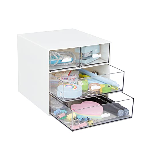 Desk Organizer with 4 Drawers, Clear Plastic Desk Storage Box, Desktop Organization for Office Supplies, Gel Pens, Pencils, Markers, Tape, Erasers, Paperclips, Chargers (White-4 Draws)