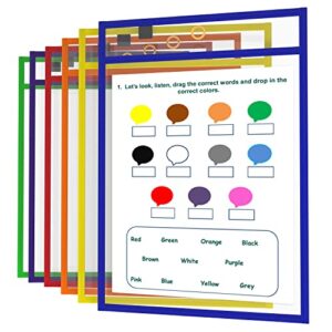 scribbledo dry erase pockets, 6 pack reusable dry erase sleeves with marker holder, colorful dry erase pocket sleeves for school or work, assorted colors sheet protectors and ticket holders