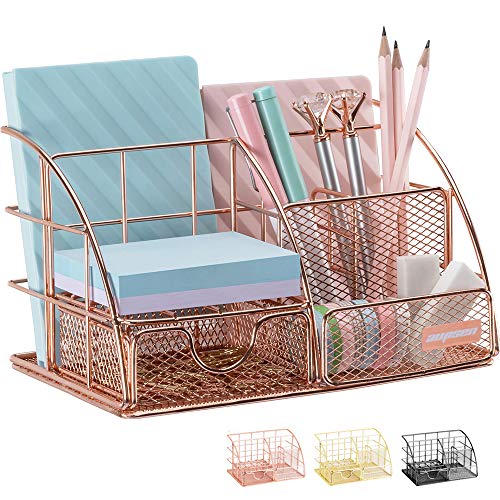 AUPSEN Rose Gold Desk Organizer for Women, Mesh Office Supplies Desk Accessories, Features 5 Compartments + 1 Mini Sliding Drawer