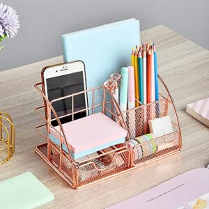 AUPSEN Rose Gold Desk Organizer for Women, Mesh Office Supplies Desk Accessories, Features 5 Compartments + 1 Mini Sliding Drawer