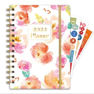 ymumuda 2023 planner, weekly monthly planner 2023, 12-month school planner from jan.2023 to dec.2023, 8.4″ x 6″, spiral planner notebook with stickers, elastic closure, inner pocket, coated tabs, watercolor floral
