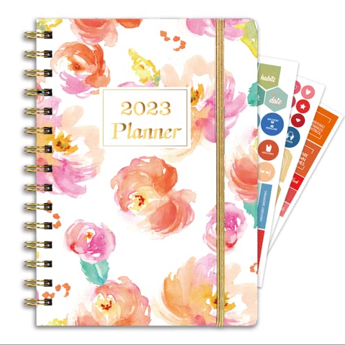 Ymumuda 2023 Planner, Weekly Monthly Planner 2023, 12-Month School Planner from JAN.2023 to DEC.2023, 8.4" X 6", Spiral Planner Notebook with Stickers, Elastic Closure, Inner Pocket, Coated Tabs, Watercolor Floral