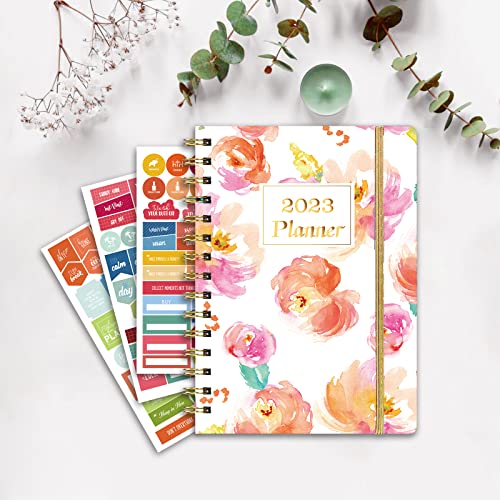 Ymumuda 2023 Planner, Weekly Monthly Planner 2023, 12-Month School Planner from JAN.2023 to DEC.2023, 8.4" X 6", Spiral Planner Notebook with Stickers, Elastic Closure, Inner Pocket, Coated Tabs, Watercolor Floral