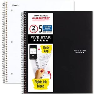 five star spiral notebooks plus study app, 2 pack, 5 subject, college ruled paper, 11″ x 8-1/2″, 200 sheets, black & white (73035)