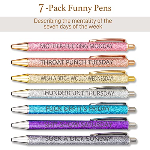 TERPINK 7-Pack Swear Word Daily Funny Pens, Funny Seven Days of The Week Pens, Describing the mentality, Sarcastic Ballpoint Pens, Gift for Colleague Co-Worker (Black, 1.0mm)