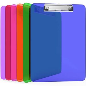 kiggos 6 pack plastic clipboards colored transparent clear clip boards low profile metal clip board 12.5 x 9 inch letter size bulk class set acrylic clip boards with hanging hook – holds 100 sheets