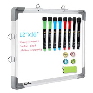 small dry erase white board – 12″ x 16″ magnetic hanging whiteboard for wall portable mini double sided easel hold in hand for kids drawing, kitchen grocery list, memo board.