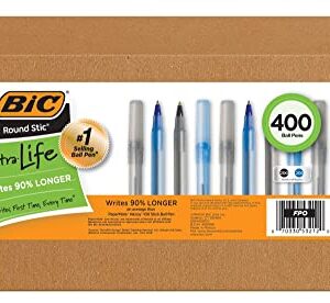 BIC Pens Large Bulk Pack of 400 Ink Pens, Bic Round Stic Xtra Life Ballpoint Pens Medium Point 1.0 Mm, 200 Black Pens & 200 Blue Pens In Box Combo Pack