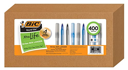 BIC Pens Large Bulk Pack of 400 Ink Pens, Bic Round Stic Xtra Life Ballpoint Pens Medium Point 1.0 Mm, 200 Black Pens & 200 Blue Pens In Box Combo Pack