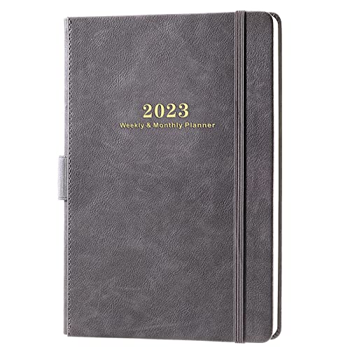 2023 Planner - Weekly & Monthly Planner 2023 With Calendar Stickers, Jan 2023 - Dec 2023, 5.75" X 8.25", A5 Premium Thicker Paper with Pen Holder, Inner Pocket and 88 Notes Pages - Gray